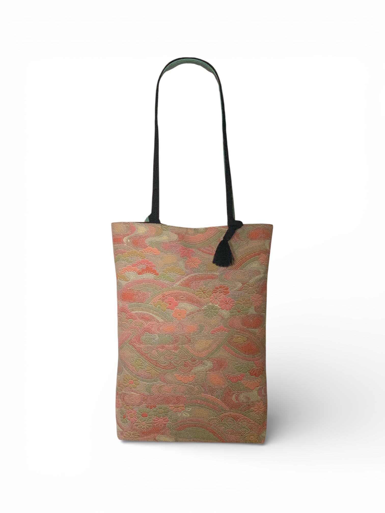 One of a Kind Silk Kimono Tote Bag - Pastel Pink Floral & Wave Pattern