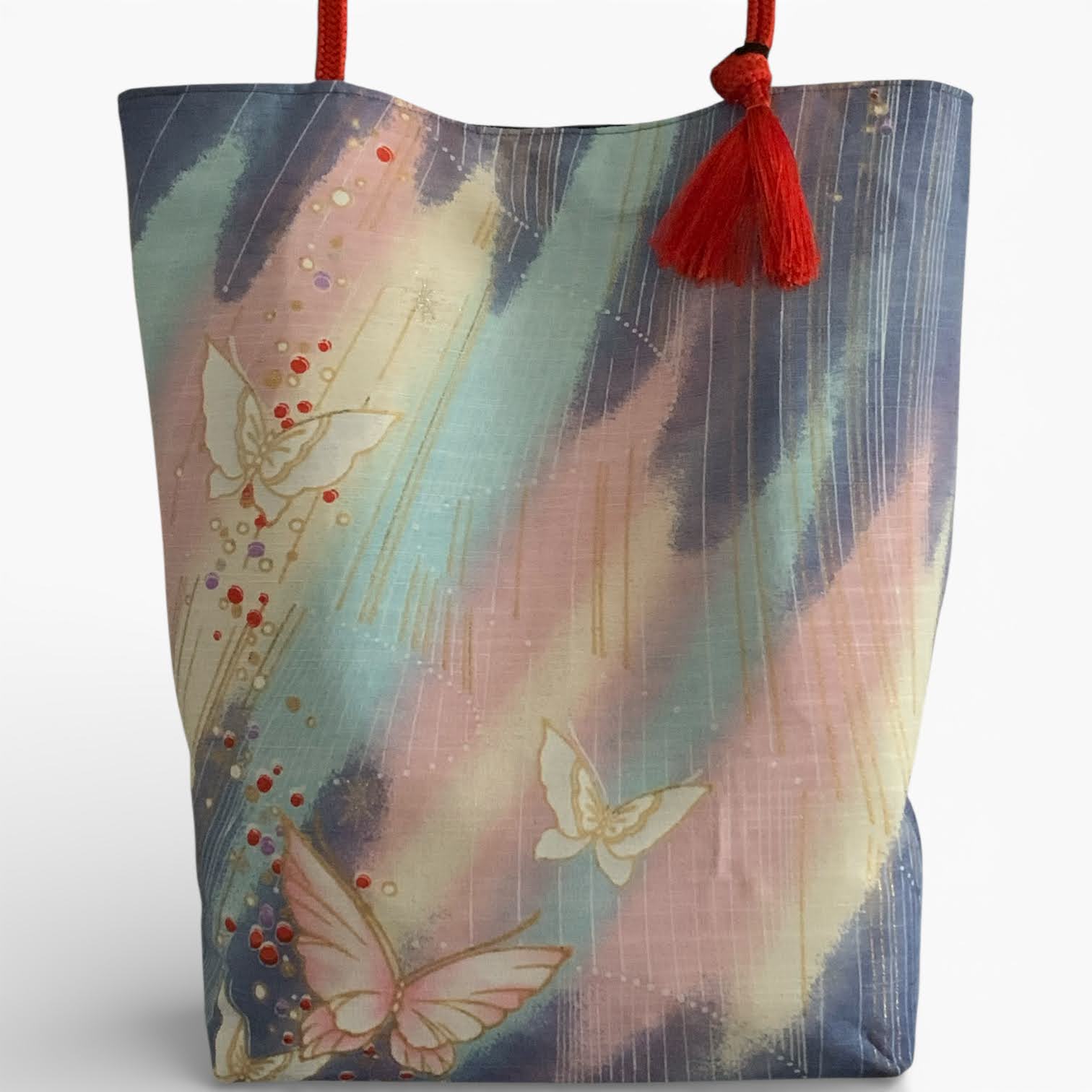 One of a Kind Silk Kimono Tote Bag - Royal Blue and Gold Butterfly Pattern