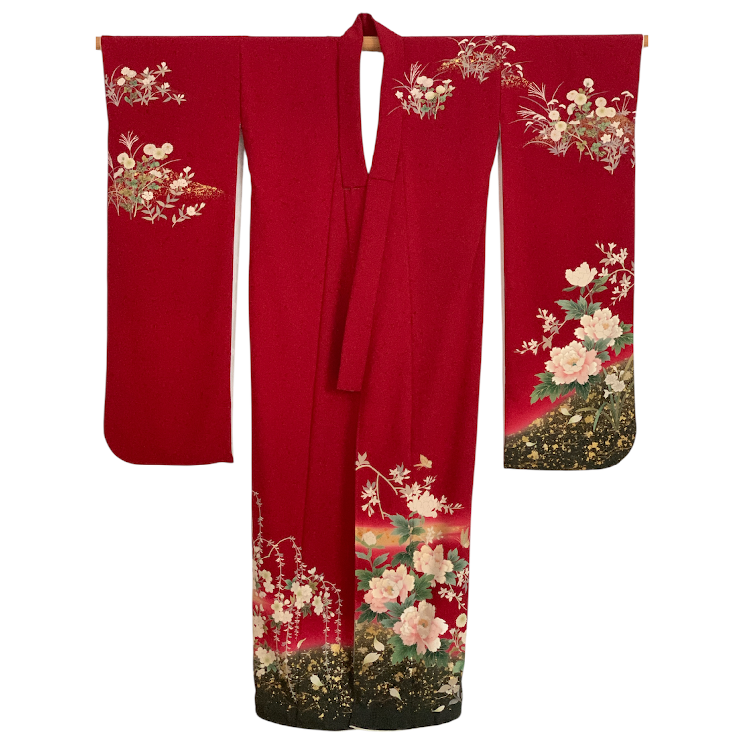 Pure Silk Furisode - Deep Crimson with Large Peonies