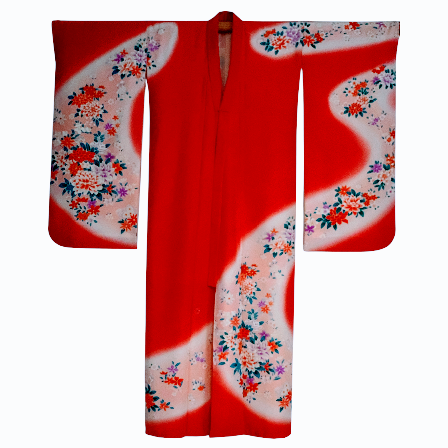 Pure Silk Children's Furisode - Vibrant Red with Goshoguruma & Four Seasons Flowers