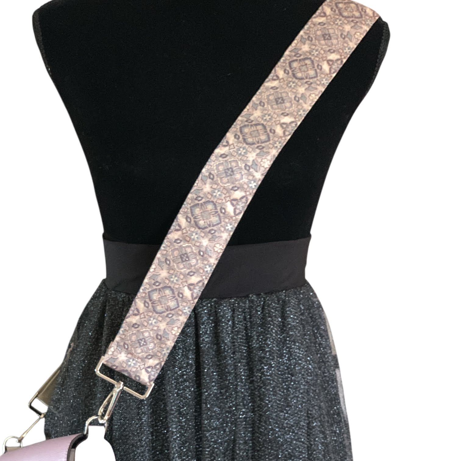 One of a Kind Silk Kimono Shoulder Strap - Beige with Silver and Blue Geometric Pattern